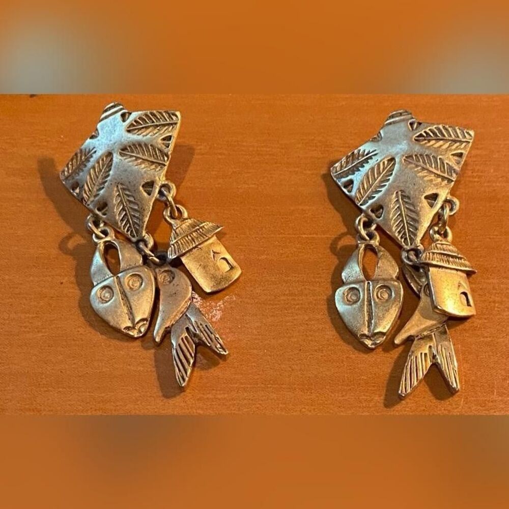 Gold Tone Abstract Face Bird House Dangle Drop Earrings Women’s 2” Jewelry READ